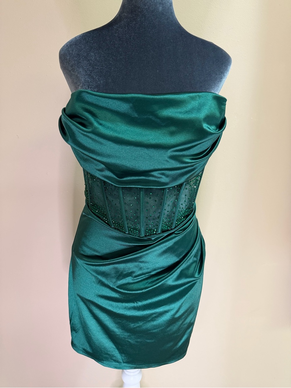 Windsor Emerald Green Satin Strapless Corset Mini Dress Size M Rhinestones